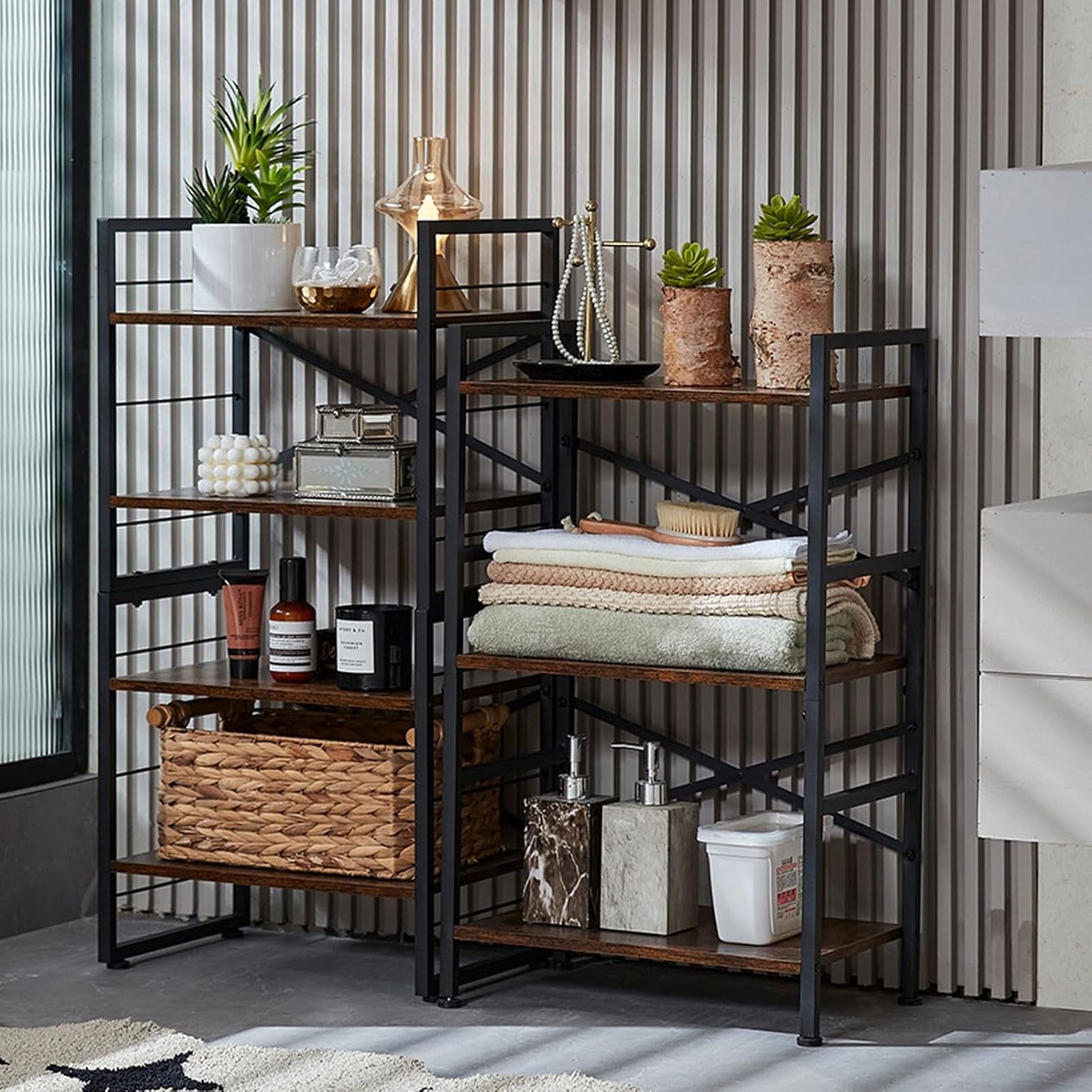 Cotiro 27.8'' Tall Wood 3-Tier Strong Storage Shelf,X Shape Metal Bar Bookcase with Anti-Slip Feet Black