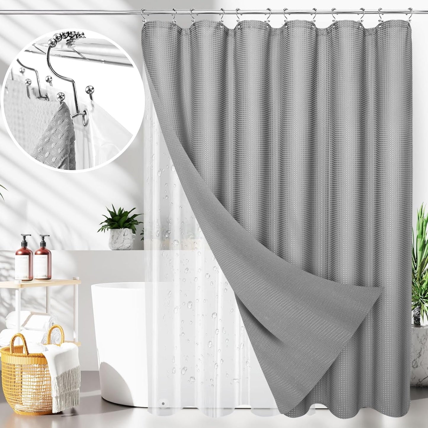 3 in 1 Waterproof Waffle Weave Shower Curtain and Clear Liner Set with 12 Stainless Steel Hooks Double Sided for Bathroom 72 Inches Heavy Duty Polyester Fabric Shower Curtains