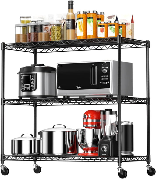 Cotiro 3/5Tier Adjustable Storage Shelving Unit, Heavy Duty Wire Rack with Wheels and Adjustable Feet for Pantry, Garage, Baker's Rack Kitchen Rack (450 lbs/rack), Black