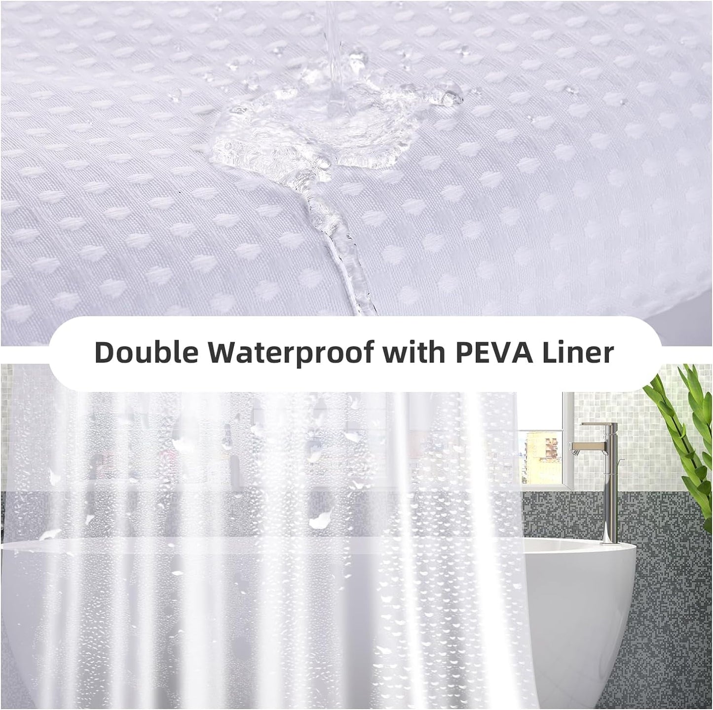 3 in 1 Waterproof Waffle Weave Shower Curtain and Clear Liner Set with 12 Stainless Steel Hooks Double Sided for Bathroom 72 Inches Heavy Duty Polyester Fabric Shower Curtains