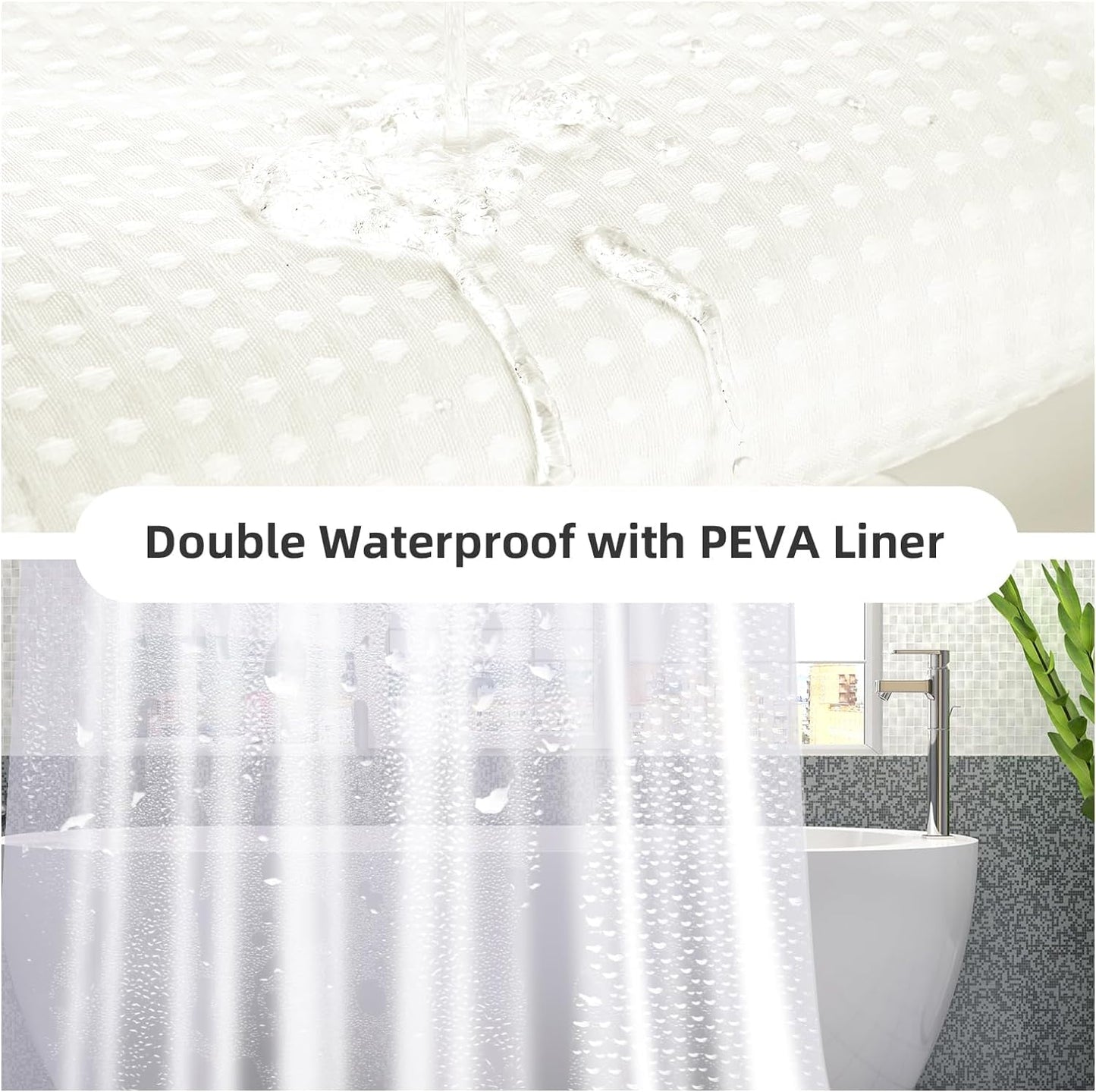 3 in 1 Waterproof Waffle Weave Shower Curtain and Clear Liner Set with 12 Stainless Steel Hooks Double Sided for Bathroom 72 Inches Heavy Duty Polyester Fabric Shower Curtains