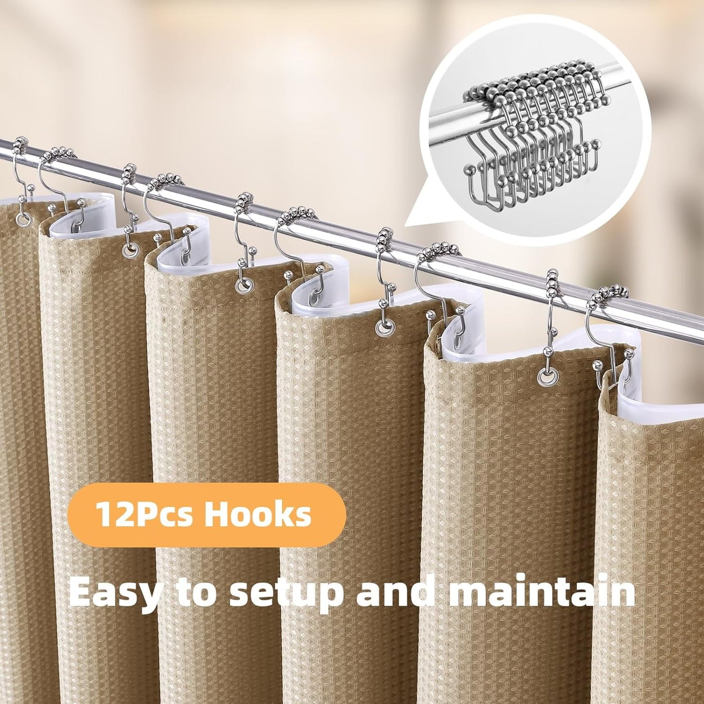 3 in 1 Waterproof Waffle Weave Shower Curtain and Clear Liner Set with 12 Stainless Steel Hooks Double Sided for Bathroom 72 Inches Heavy Duty Polyester Fabric Shower Curtains