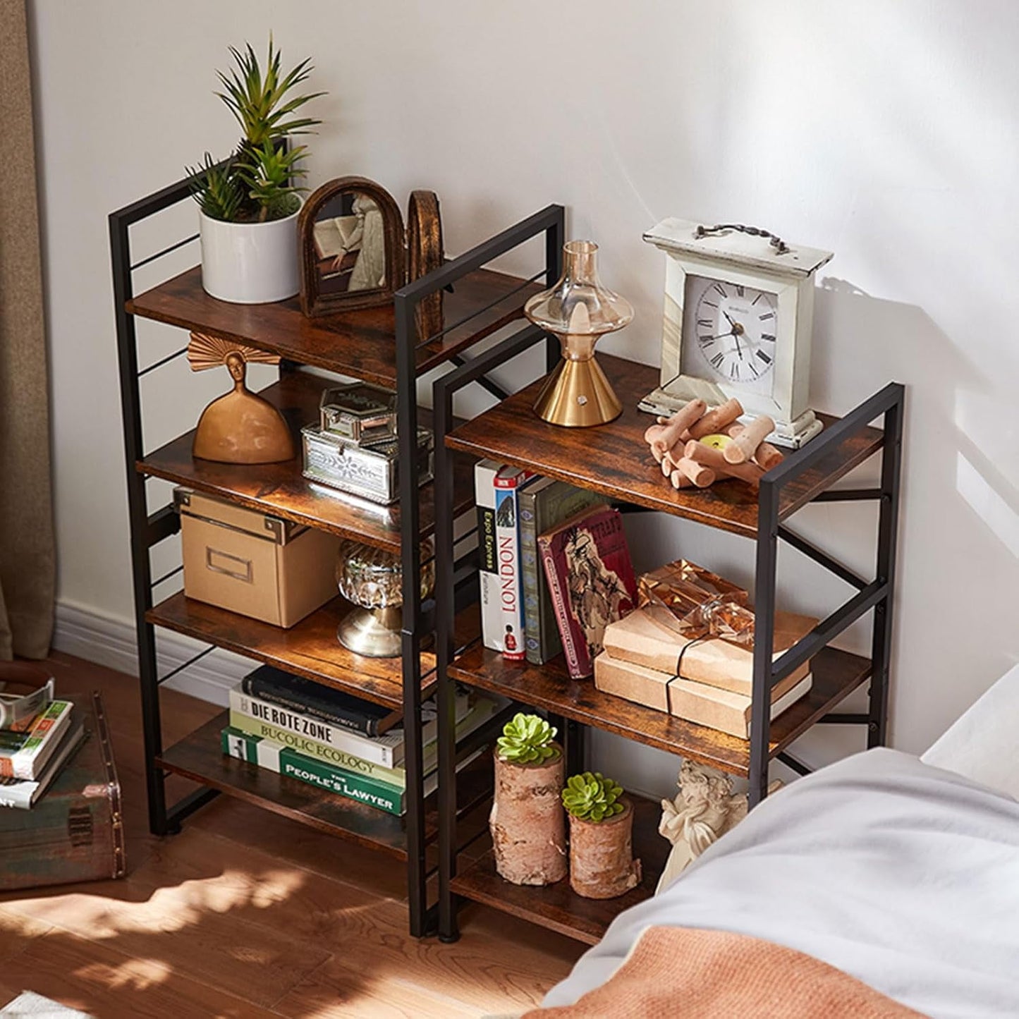 Cotiro 27.8'' Tall Wood 3-Tier Strong Storage Shelf,X Shape Metal Bar Bookcase with Anti-Slip Feet Black