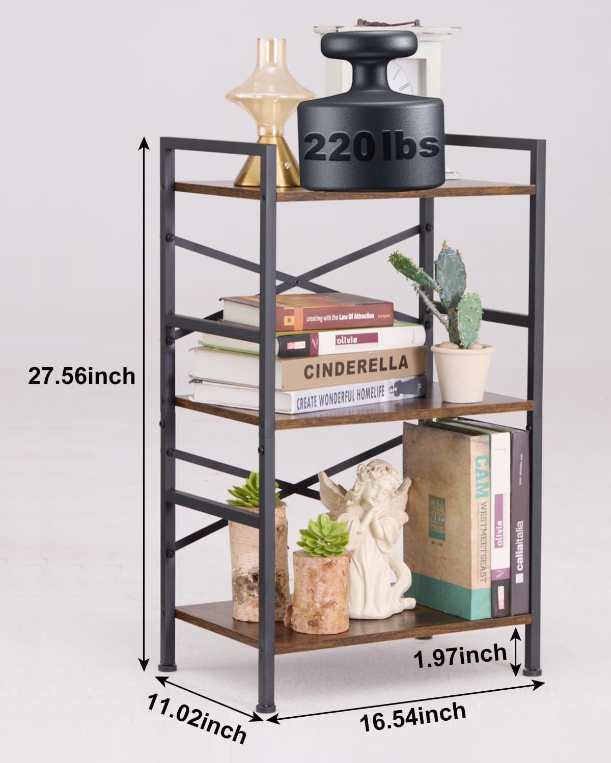 Cotiro 27.8'' Tall Wood 3-Tier Strong Storage Shelf,X Shape Metal Bar Bookcase with Anti-Slip Feet Black