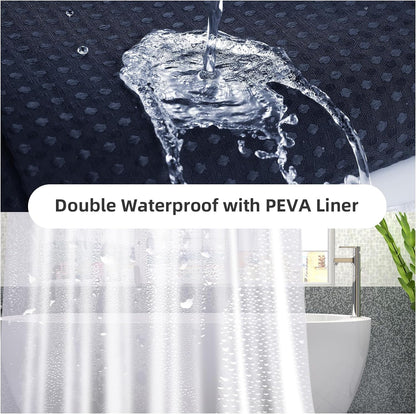 3 in 1 Waterproof Waffle Weave Shower Curtain and Clear Liner Set with 12 Stainless Steel Hooks Double Sided for Bathroom 72 Inches Heavy Duty Polyester Fabric Shower Curtains