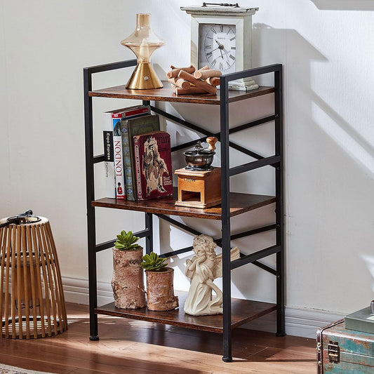 Cotiro 27.8'' Tall Wood 3-Tier Strong Storage Shelf,X Shape Metal Bar Bookcase with Anti-Slip Feet Black