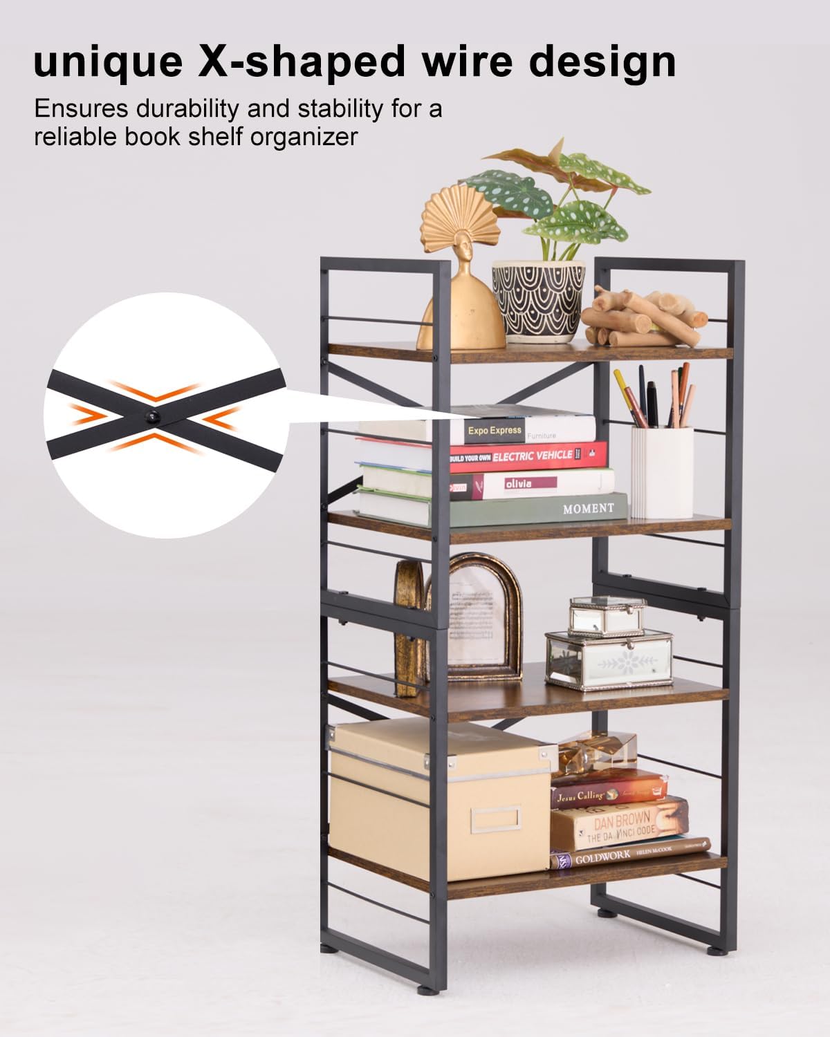 Cotiro 27.8'' Tall Wood 3-Tier Strong Storage Shelf,X Shape Metal Bar Bookcase with Anti-Slip Feet Black