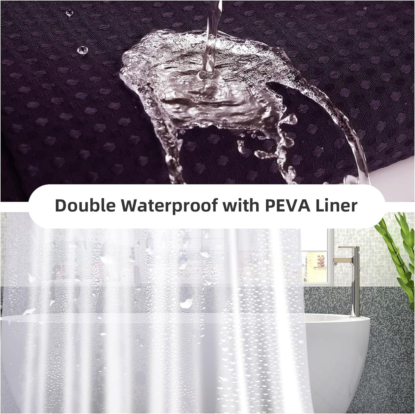 3 in 1 Waterproof Waffle Weave Shower Curtain and Clear Liner Set with 12 Stainless Steel Hooks Double Sided for Bathroom 72 Inches Heavy Duty Polyester Fabric Shower Curtains